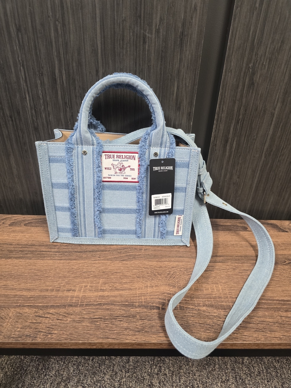 NWT True Religion Denim Mini Tote Crossbody Bag Blue Frayed Trim